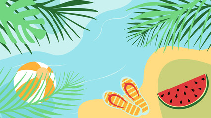 Abstract summer background. Flip flops, ball, watermelon, sea. Graphic design for banner, poster, flyer. Flat style. Vector