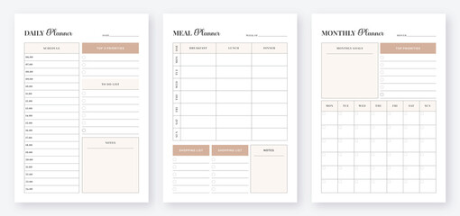 Minimalist Daily, Monthly and Meal planner pages design template set. 3 Set of minimalist planners. Daily, Weekly, Monthly planner template. Printable planner template Vector. Planner 2023