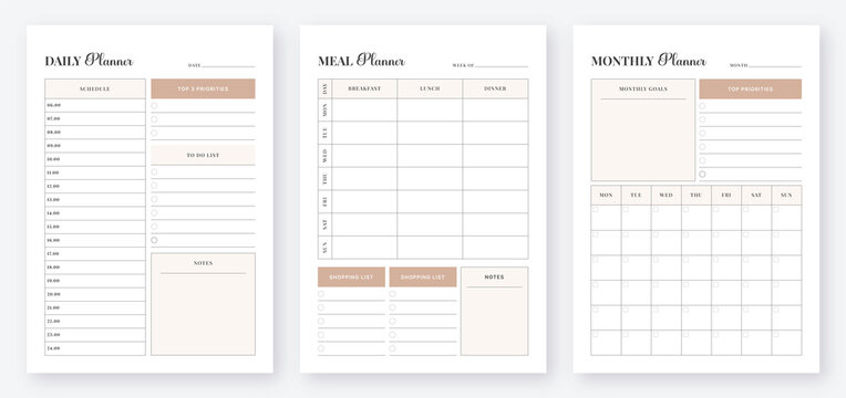 Minimalist Daily, Monthly and Meal planner pages design template set. 3 Set of minimalist planners. Daily, Weekly, Monthly planner template. Printable planner template Vector. Planner 2023