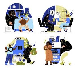 Internet fraud and scam. Set of hackers or cyber criminals stealing personal information, money or bank data. Thief blackmailing people. Cartoon flat vector collection isolated on white background