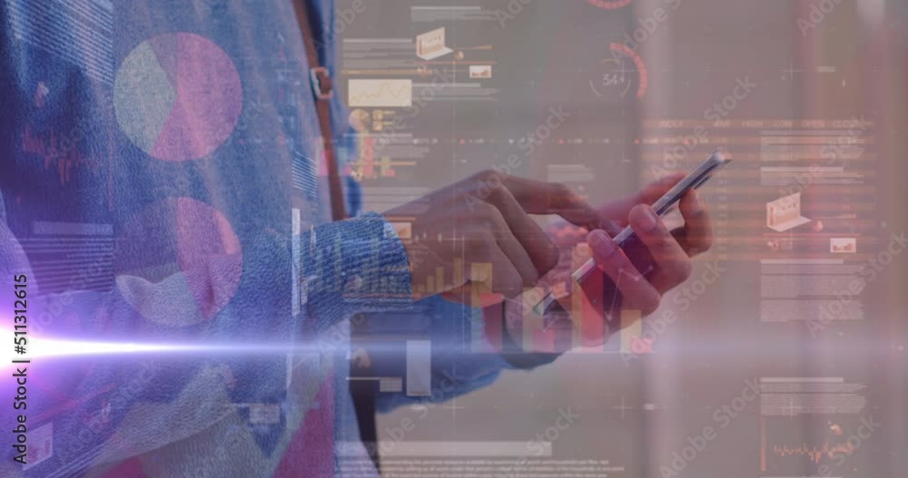 Poster animation of graphs over hands of caucasian man using smartphone