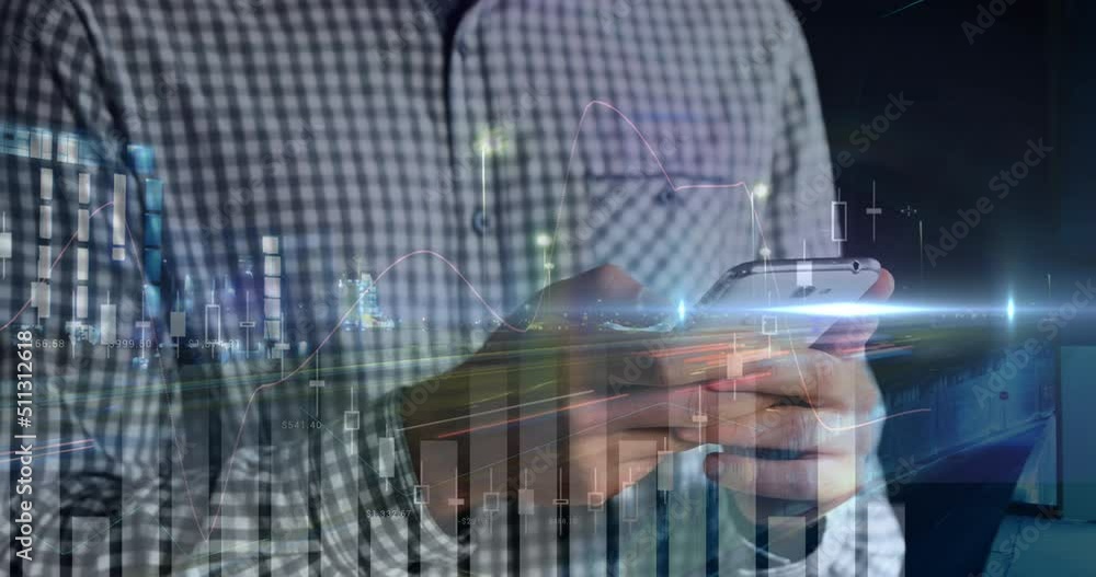 Aufkleber animation of graphs over hands of caucasian man using smartphone