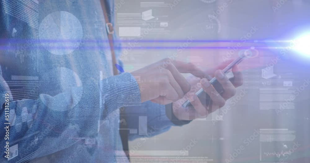 Poster animation of graphs over hands of caucasian man using smartphone