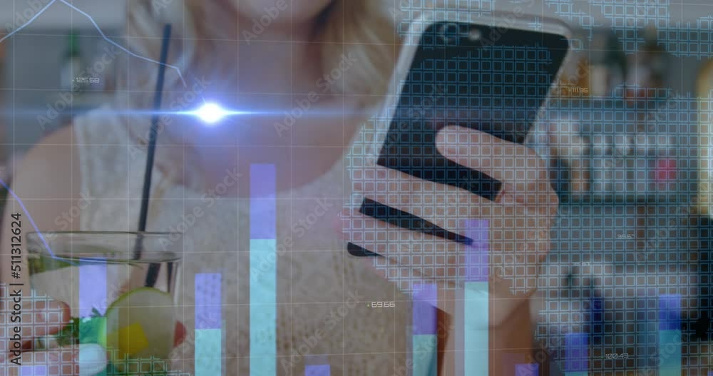 Poster animation of light and graphs over midsection of caucasian woman using smartphone
