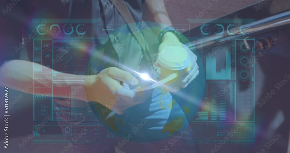 Poster animation of data processing over hands of caucasian man using smartphone