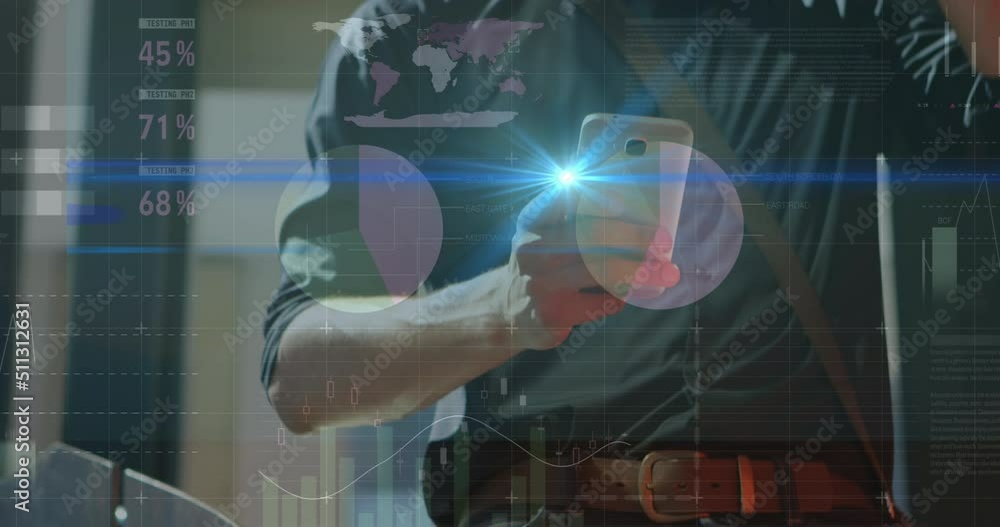 Poster animation of graphs over hands of caucasian man using smartphone