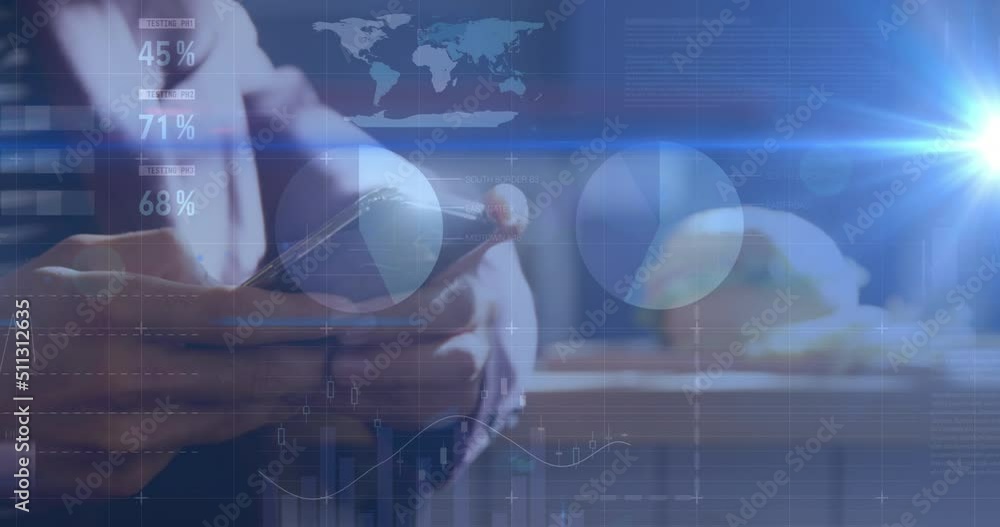 Poster animation of graphs over hands of caucasian man using smartphone