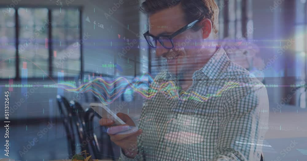 Poster animation of graphs over happy caucasian man using smartphone