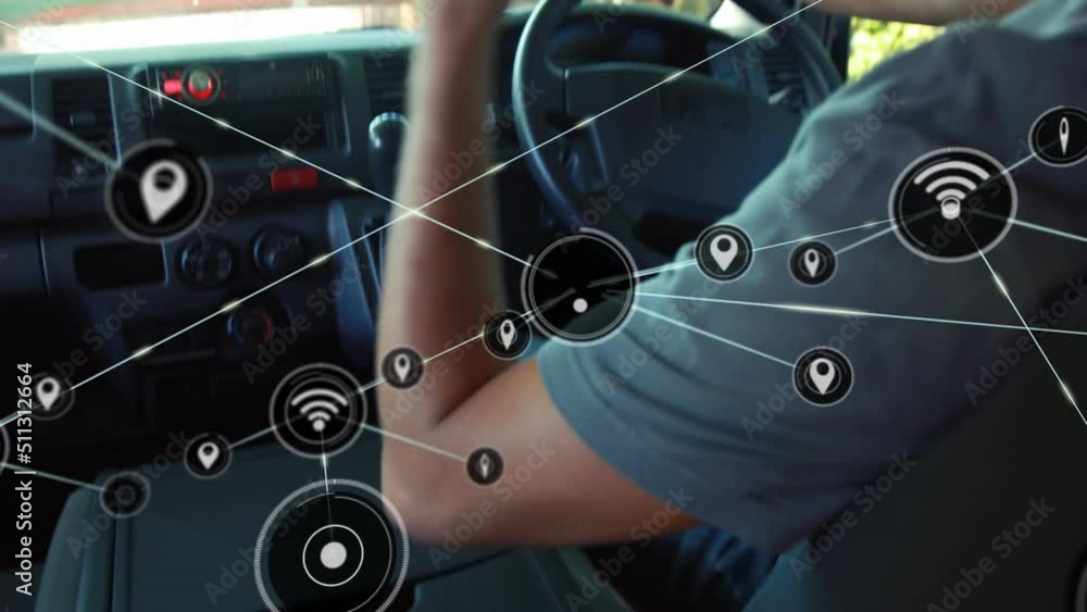 Poster animation of network of connections with icons over caucasian man using smartphone in car