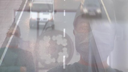 Animation of road traffic over caucasian female surgeon in face mask - Powered by Adobe