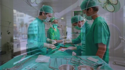 Animation of timelapse with walking people over team of caucasian surgeons during operation - Powered by Adobe