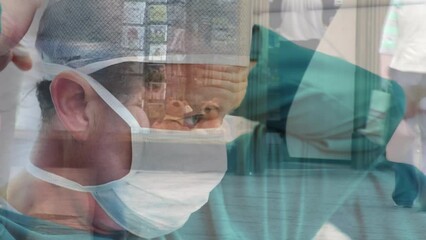 Animation of timelapse with walking people over caucasian male surgeon tying face mask - Powered by Adobe