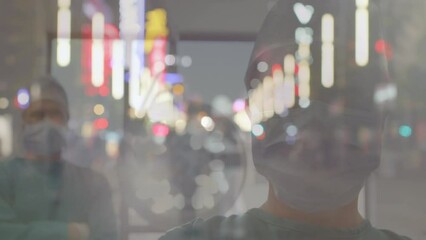 Animation of timelapse with walking people over caucasian female surgeon in face mask - Powered by Adobe