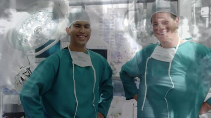 Animation of timelapse with walking people over happy diverse surgeons smiling at camera - Powered by Adobe