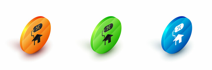 Isometric House with percant discount tag icon isolated on white background. Real estate home. Credit percentage symbol. Circle button. Vector