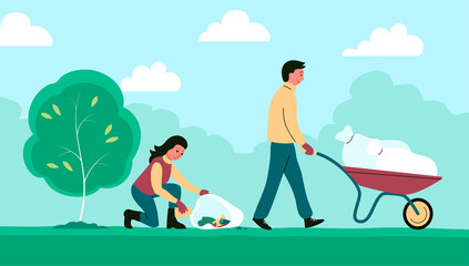 People clean up garbage in the park in nature. A man drives a wheelbarrow, a woman collects waste in a bag. Caring for cleanliness and ecology. Flat illustration