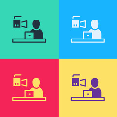 Pop art Breaking news icon isolated on color background. News on television. News anchor broadcasting. Mass media. Evening news. Vector