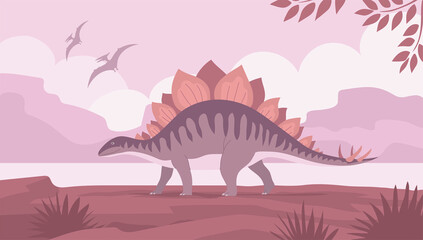 Stegosaurus with spikes on the tail on the background of a prehistoric landscape