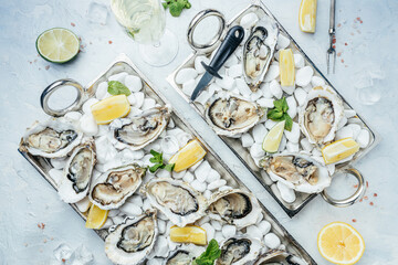Fresh oysters on metal tray with lime, lemon and ice, banner, menu, recipe place for text, top view