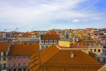 Aerial view on Lisbon and Santa Justa Lift from observation deck (miradouro), Portugal