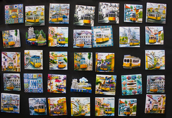 Different magnet souvenirs for sale at local store in Lisbon, Portugal