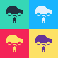 Pop art Electric car and electrical cable plug charging icon isolated on color background. Renewable eco technologies. Vector