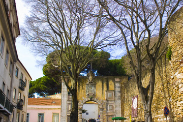Entrance arch in Castle of Sao Jorge (Castelo de Sao Jorge) in Lisbon, Portugal