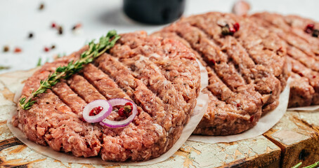hamburger patties, minced meat for burger, beef lamb meat Burger steak, banner, menu, recipe place for text, top view