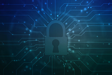Digital Padlock on abstract technology background, Technology security concept. Modern safety digital background. Protection system, Cyber Security and safety information, personal data concept