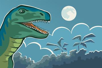 Fototapeta premium Ancient lizard velociraptor in the night forest. Predatory dinosaur of the Jurassic period. Prehistoric nature background. Vector cartoon art illustration hand drawn