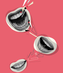 Contemporary art collage. Conceptual image with female talking mouths spreading rumors, gossips...