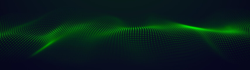 Futuristic green glowing wave. The concept of big data. Network connection. Cybernetics. Abstract dark background of green lines with dots. 3d rendering.
