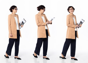 Obraz premium Full length 30s 40s Asian Woman Tax Financial Accountant, walking forward left right