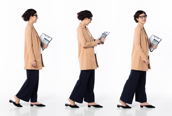 Obraz premium Full length 30s 40s Asian Woman Tax Financial Accountant, walking forward left right