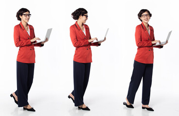 Obraz premium Full length 30s 40s Asian Woman programmer businesswoman, walking forward left right