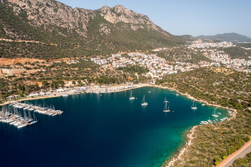 stunning nature's wonder scene at desirable holiday destination , aerial drone turquoise water , Kas , Antalya