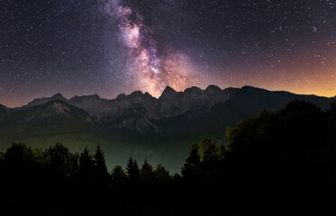 Milky Way above Vrsic mountain pass in Julian Alps in Slovenia