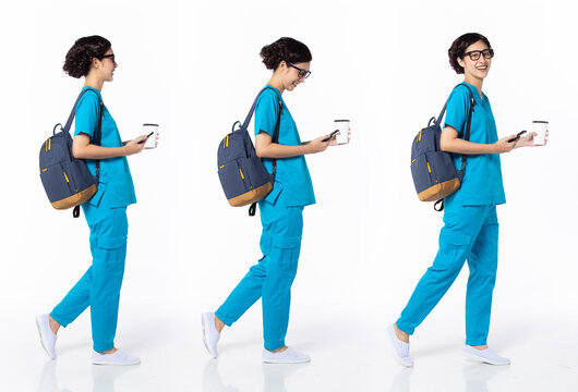 Full Length 30s 40s Asian Woman Nurse With Glasses, Walking Forward Left Right