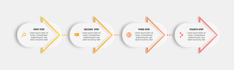 Infographic 4 steps with arrow line design. Modern step-by-step arrow process. Gradient orange red colors arrows.