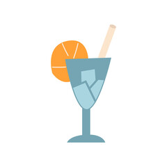 Cute vector illustration with blue cocktail martini with orange fruit slice and straw. Summer illustration on isolated background
