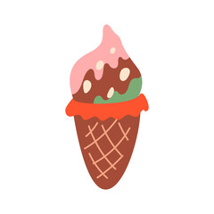 Cute waffle cone with chocolate ice cream and dots. Vector flat illustration on isolated background