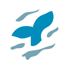 Vector illustration of whale tail and ocean waves on isolated background. 