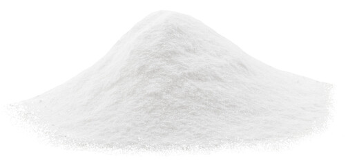 Soda, flour, salt or sugar are poured in slides. Heap of white powder isolated on white background.