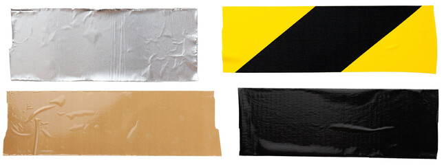 Torn horizontal and different size glossy black, silver, beige, yellow-black sticky tape, sticky pieces on a white background. A set of ribbons in different colors.