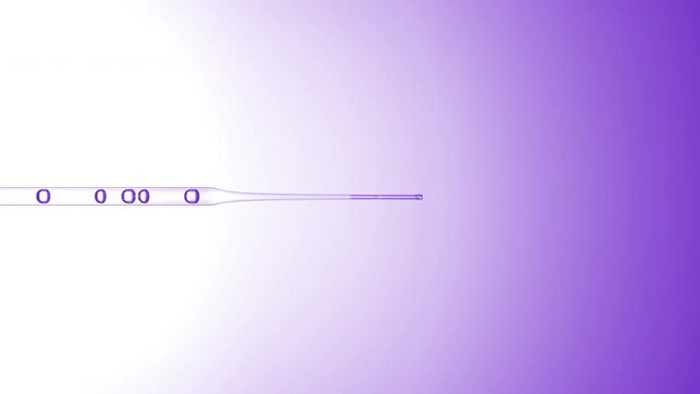 Horizontal view macro shot of transparent drops are dripped from long chemical dropper on purple background | Abstract body care cosmetics formulating concept