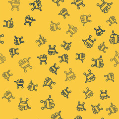 Blue line Pet stroller icon isolated seamless pattern on yellow background. Vector