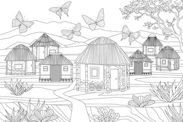 african village landscape with traditional huts for your colorin