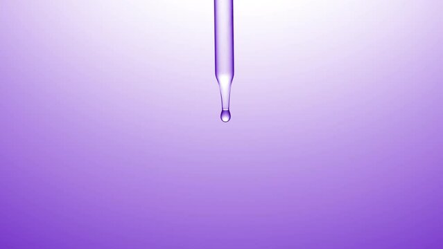 Macro shot of clear drops are falling down from chemical dropper on violet background | Abstract skincare lotion ingredients formulation concept