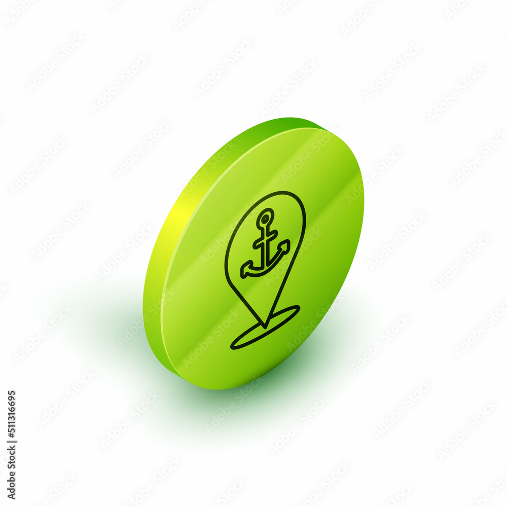 Poster isometric line map pointer with anchor icon isolated on white background. green circle button. vecto