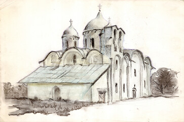 An ancient church in Ivanovsky monastery with traditional belfry wall in the city of Pskov, Russia. Sketch drawn by watercolor and colored crayons - obrazy, fototapety, plakaty